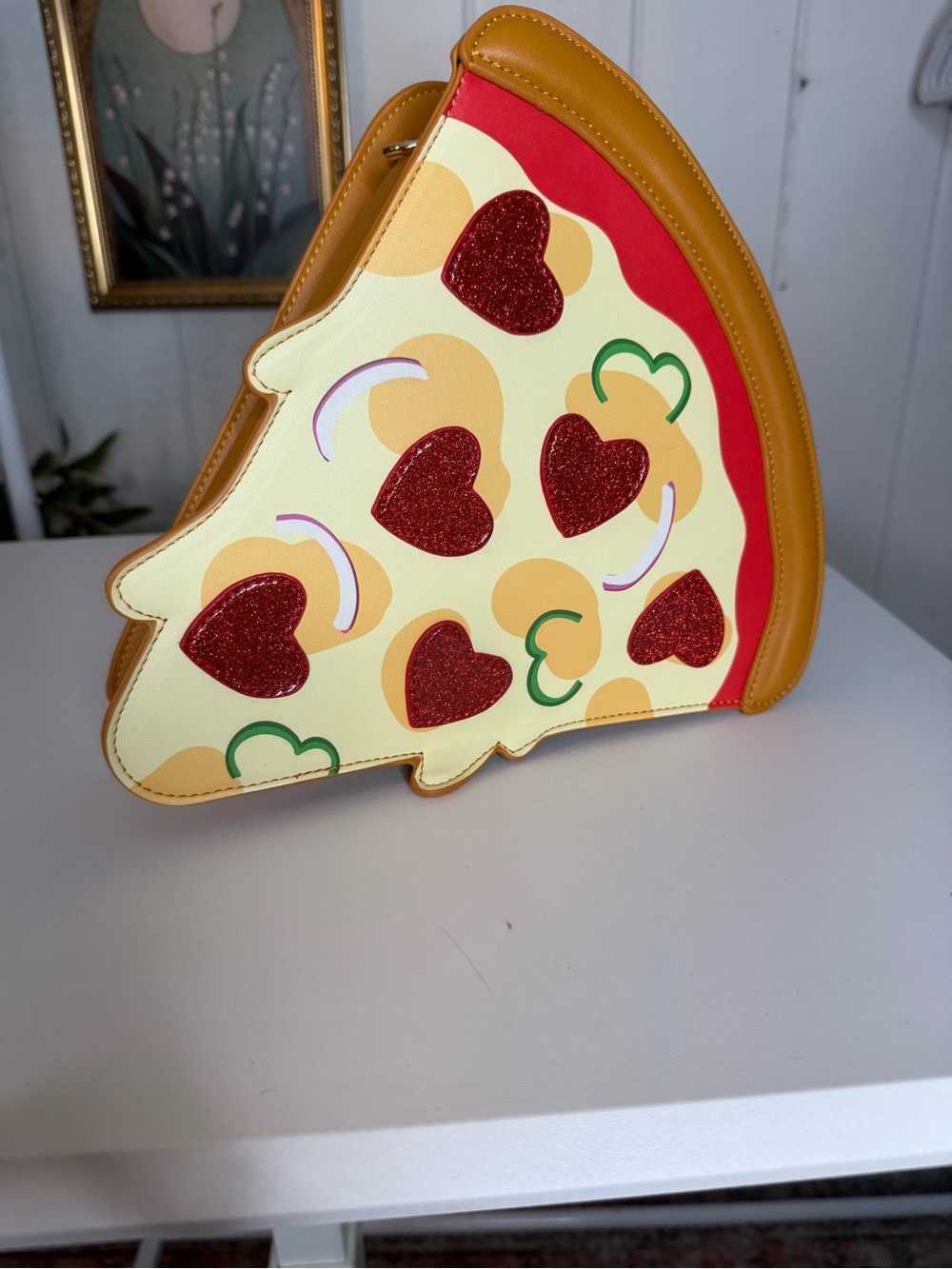 Pizza Slice Novelty Crossbody Bag - Red Hearts & Mustard Crust